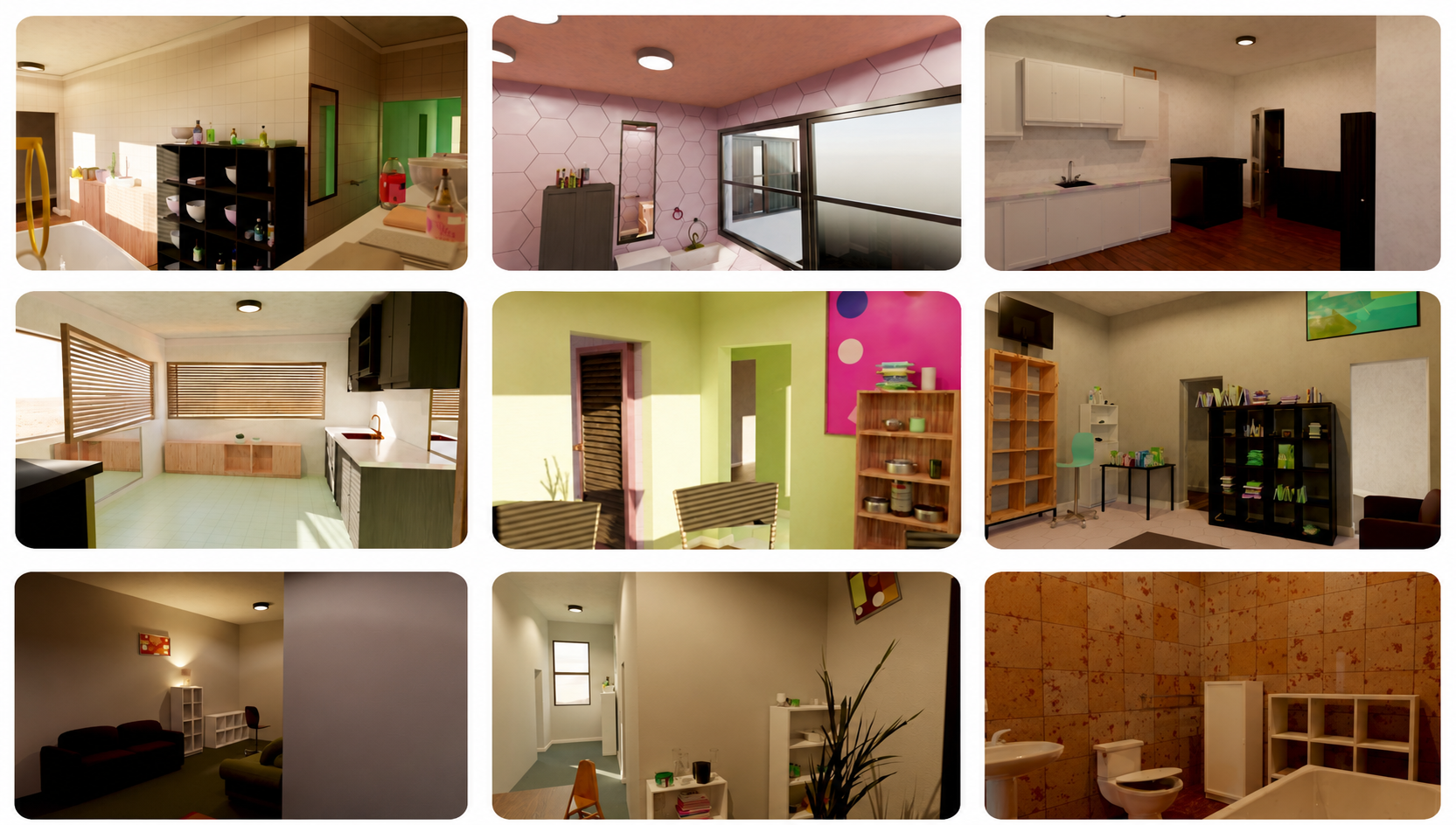 A sample of physically-grounded, visually diverse homes generated by PhyGS and rendered in IsaacSim.
