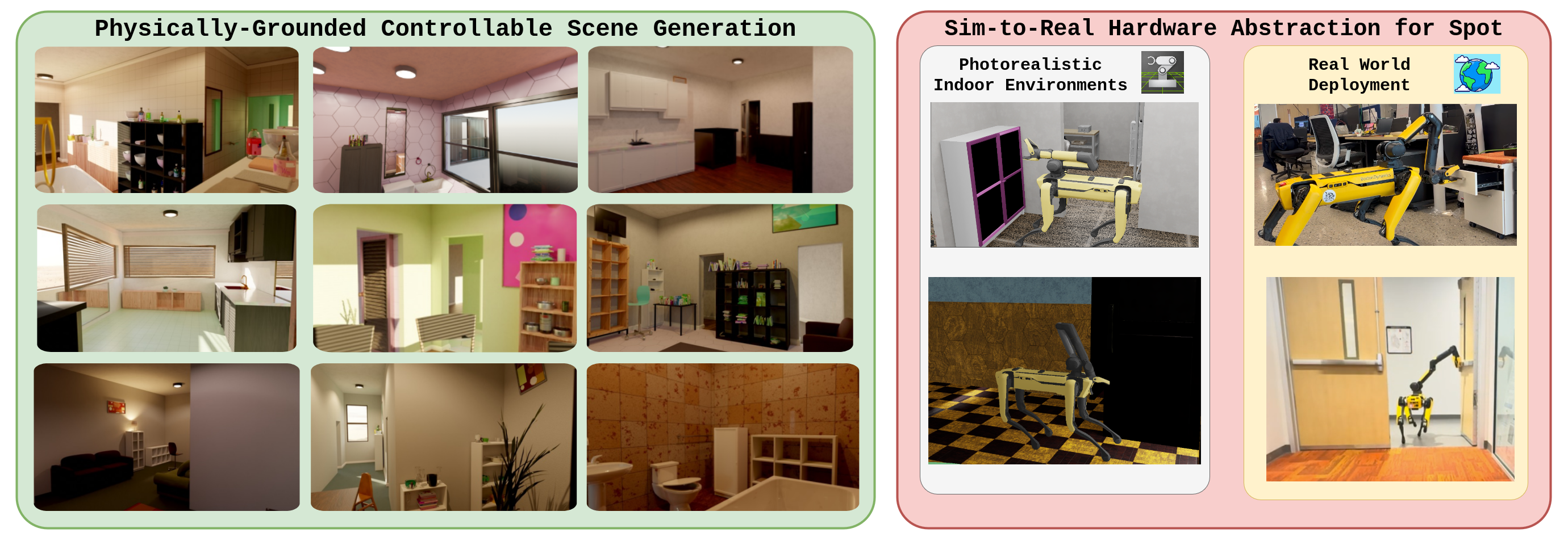 PhyGS teaser: photorealistic, physically interactable building-scale indoor scenes in IsaacSim with a Boston Dynamics Spot robot.